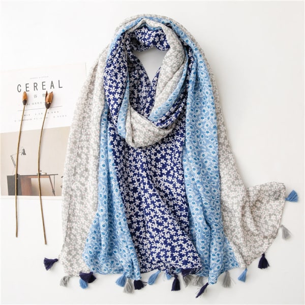 Dam Scarf Sjal 2022 Vår Sommar Solskydd Bomull Linne Tofs Casual Blue and Gray 180*90