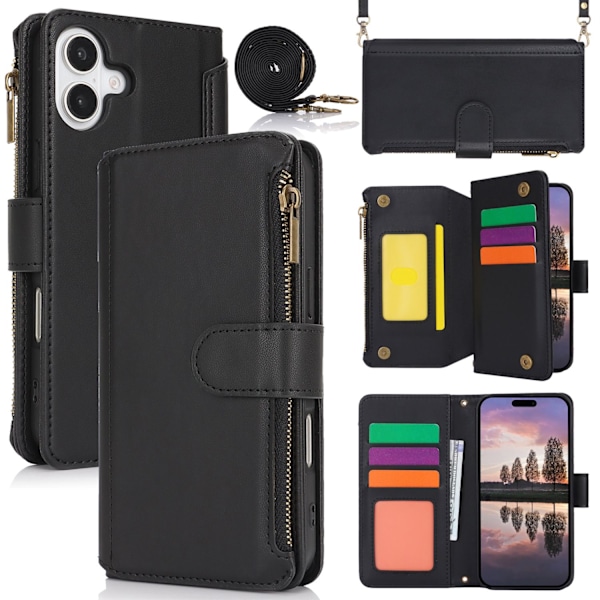 Fodral för iPhone15/14 plus svart dragkedjeväska crossbody läderplånbok