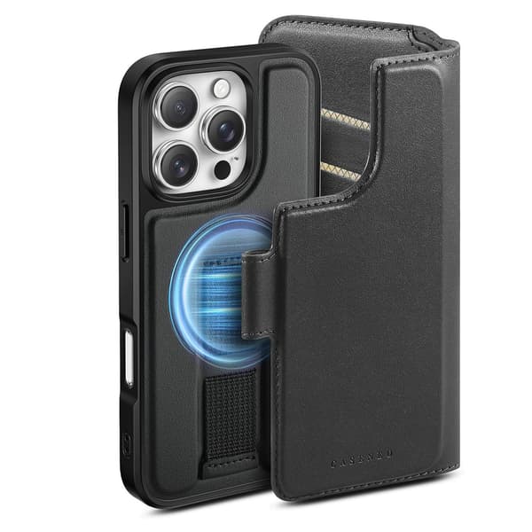 Etui til iPhone 13promax sort to i en magnetisk split flip kort håndledsrem læder