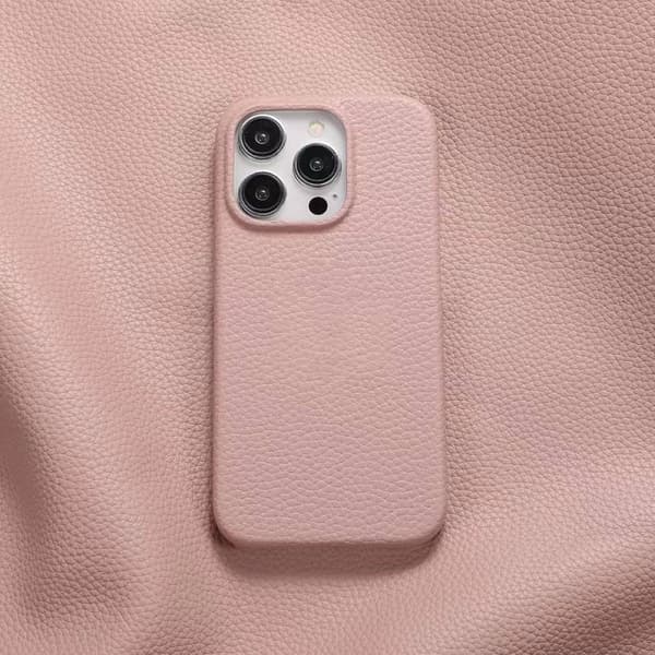 Fodral för iPhone 14 lychee mönster hudrosa lädermönster enkelt solid hårt anti-fall