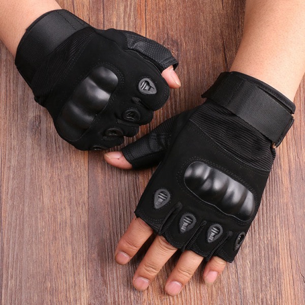 Kvinder Mænd Cykelhandsker Tactical Outdoor Riding Military Fans Anti-Cut Hard Shell Half Finger Black-3 M