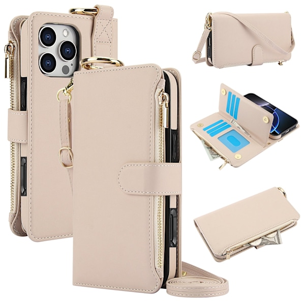 Etui til iPhone16pro hvid ring multifunktionel pung kort slot bælte crossbody rem