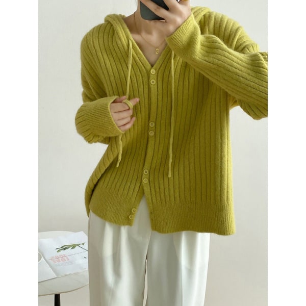 Kvinnor Stickad Höst Vinter Tröja Lazy Wind Cardigan Huva Cardigan Chic Toppar Ytterkläder Mustard green 56*47*104cm
