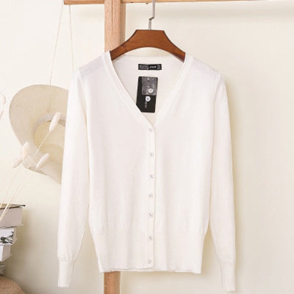 Damestrikk Høst Vinter Genser Loose Crop Top Cardigan Langermet Inverness White L