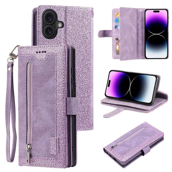 Etui til iPhone 14PRO MAX lilla retro lynlås ni kort wallet magnetisk læder