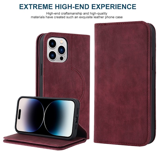 Fodral för iPhone 13 Pro stöder trådlös laddning Rött läder kort magnetisk sug multi fun