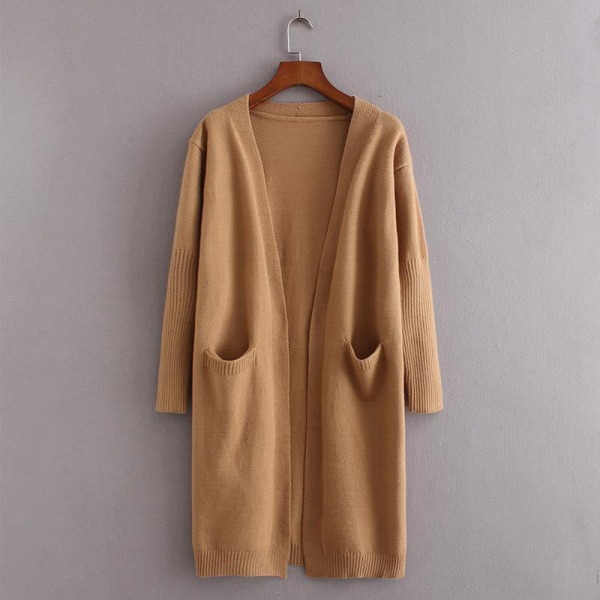 Kvinner Strikket Høst Vinter Genser Dobbel Pocket Mid-Length Knitted Cardigan Camel 92*105*46cm