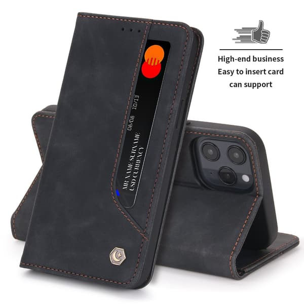 Etui til iPhone 16PLUS sort læder flip wallet med kortholder
