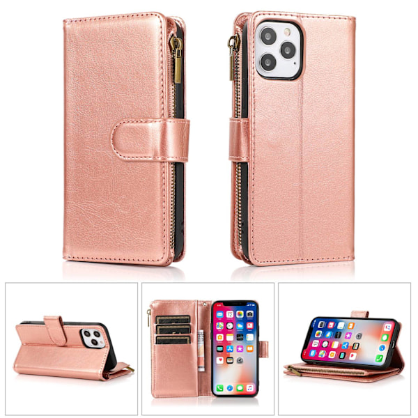 Etui til iPhone 13 Pro 6.1 Rosaguld Læder Multifunktionel Tegnebog Ni Kort