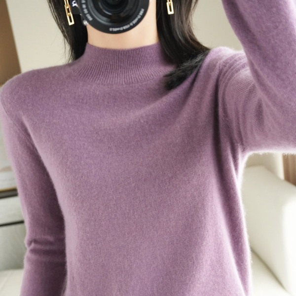 Strik til kvinder efterår vinter sweater i koreansk stil halvhøj ensfarvet indre slid skjorte Lotus purple L