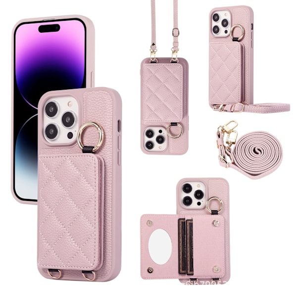 Kotelo iPhone 16 Prolle, vaalean violetti korttipaikalla ja crossbody-lompakolla
