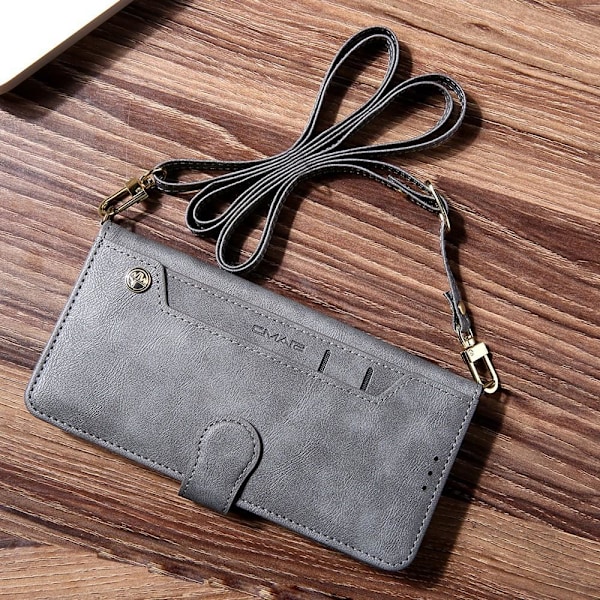 Etui til iPhone 14 Pro grå [lang snor] multi kort læder flip kort slot crossbody prote