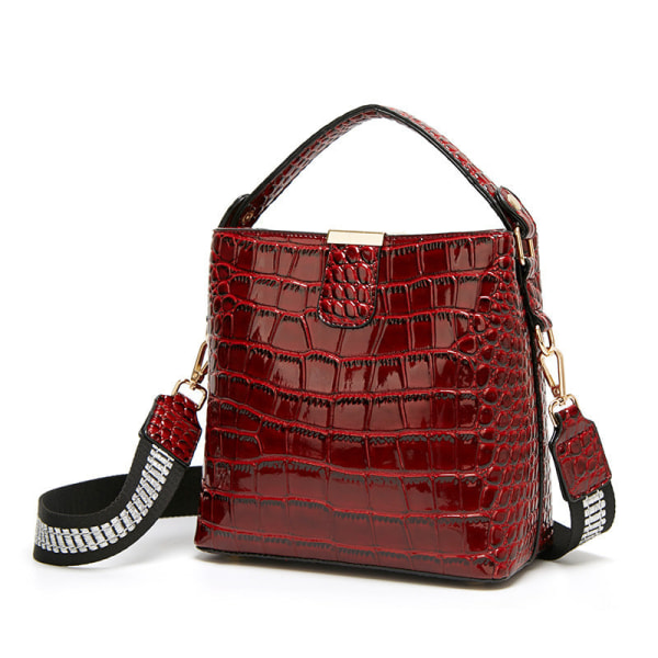 Dam Handväska Lackläder Krokodilmönster axel Crossbody Fashion Bucket Bag Wine Red