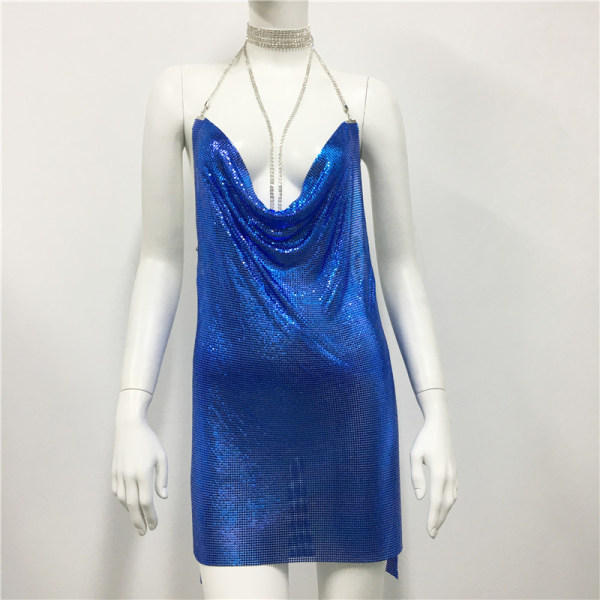 Kjole Pailletter Metallic Suspender Kjole Sexet Natklub Kjole Royal blue sequin model L