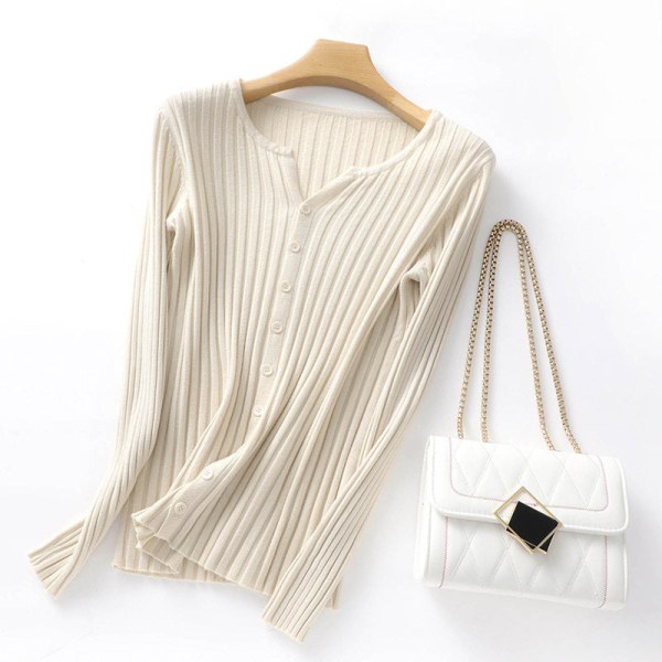 Strikkevarer for kvinner Høst-vintergenser i koreansk stil, strikket cardigan med bred stripe, slim-fit-jakke Beige XL