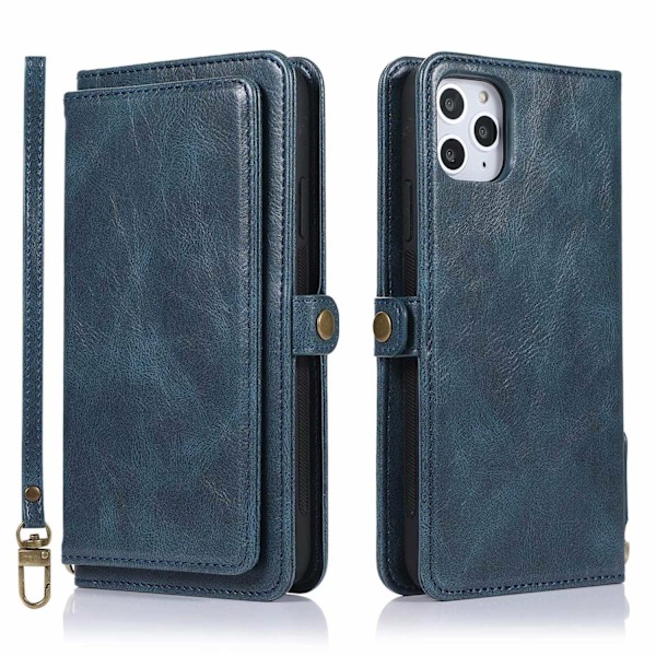 Etui til iPhone 14 Pro Max blå multi kort split læder multi funktion kort slot retro pung