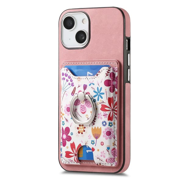Fodral för iPhone15pro rosa växttryck målat läder korthållare ring