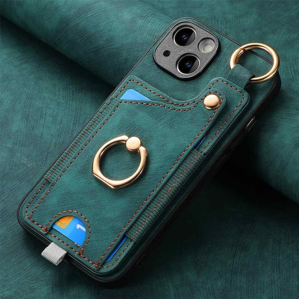 Etui til iPhone 16 Pro grønt kortholder ring spenne PU-lær
