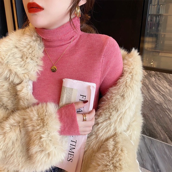 Kvinder strik efterår vinter sweater uld luv krave indre slid rullekrave tynd slim top Rose Pink 60*74*58cm