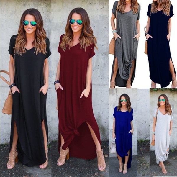 Lång klänning Rak kjol V-ringad Pocket Split Dress Gray L
