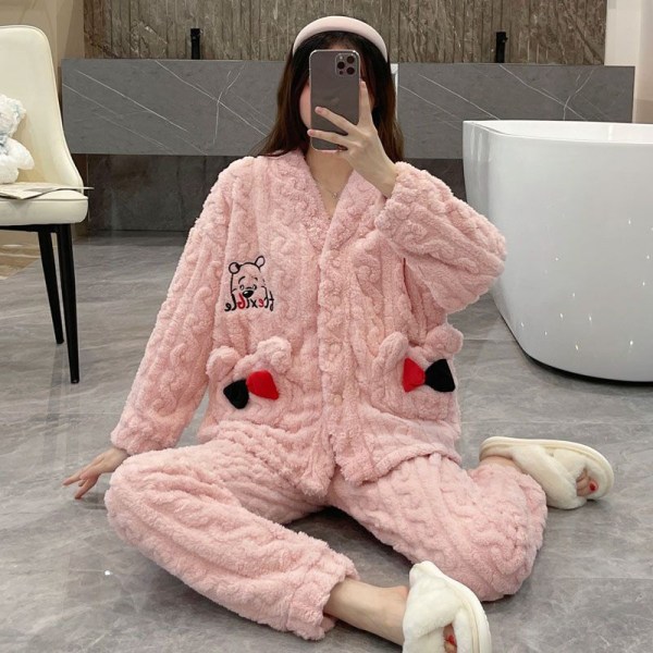 Corall sammet pyjamas dam höst och vinter stil plysch förtjockade flanell hem kläder L100-120kg