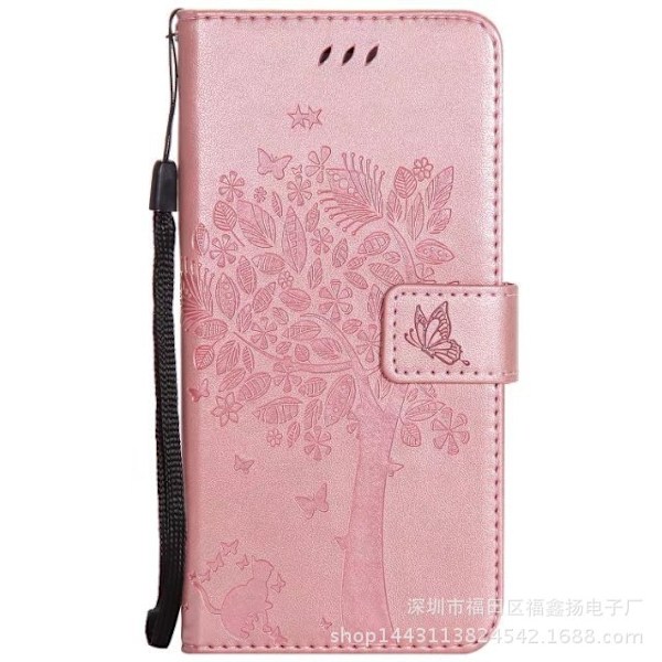Fodral för iPhone 14 roséguld präglat katt- och träd korthållare läder