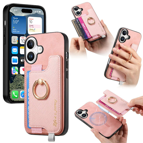 Etui til iPhone 13 Pro Max pink magnetisk kortholder almindeligt læder