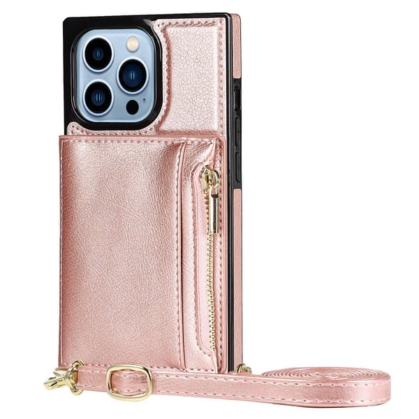 Fodral för iPhone 14pro rosa dragkedja crossbody modekort