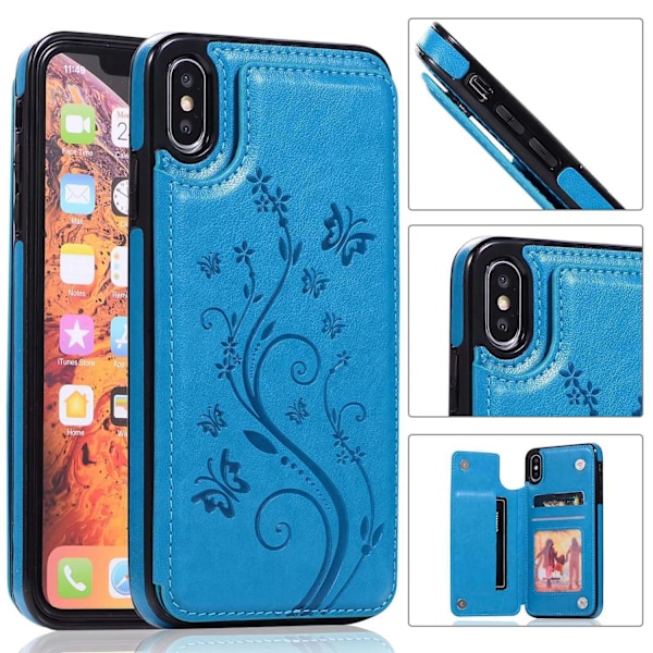 Kotelo iPhone 13 Pro -puhelimelle, sininen, kohokuvioitu perhonen, kaksoissolki, korttipaikka, nahkaa