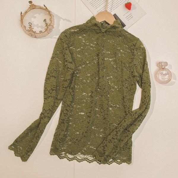 Damkrage Avtagbar halv turtleneck skjorta i västerländsk stil Tunn inneröverdel Spets långärmad spetsskjorta Green Average size