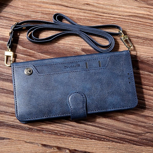 Kotelo iPhone 15:lle, sininen [pitkä kaulanauha] monikortti nahkainen läppäkorttipaikka crossbody