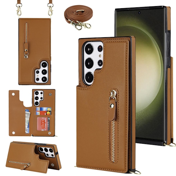 Etui til iPhone 13promax kaffe dobbelt spænde lynlås kortholder crossbody solid anti-fald