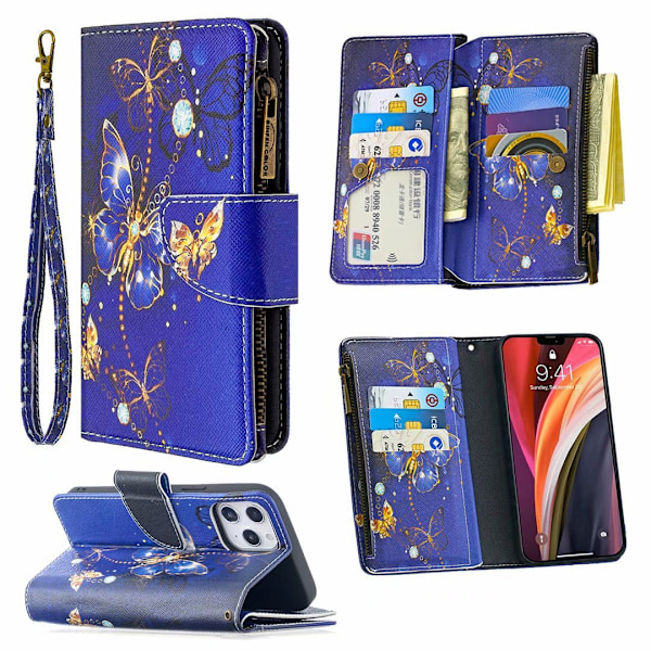 Etui til iPhone 14 Pro Lilla Sommerfugl Malet Lynlås Læder Multi funktion Kort Slot Wallet Multi