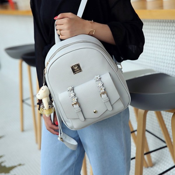 Student jente ryggsekk skulderveske skolesekk Flower Belte Pu Tredelt flerbruks student Casual All-Matching Bag White