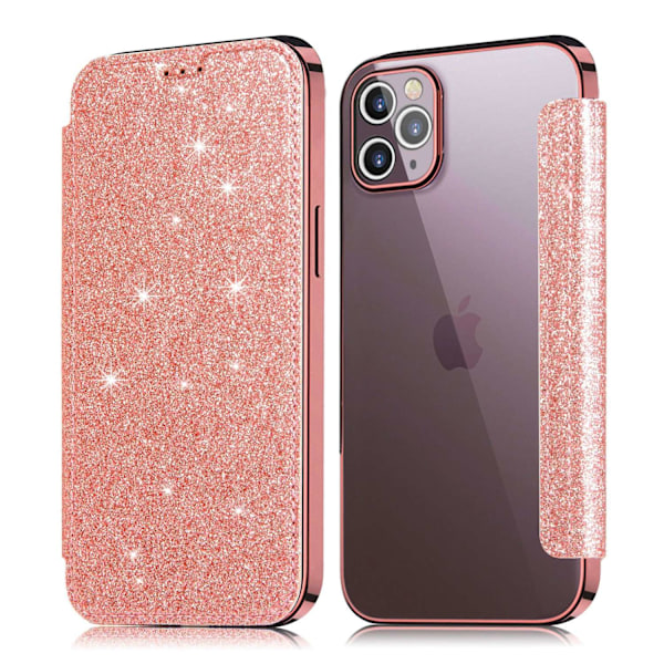 Skal för iPhone 14 Max roséguld elektropläterad glitter läder transparent kortplats anti-fall