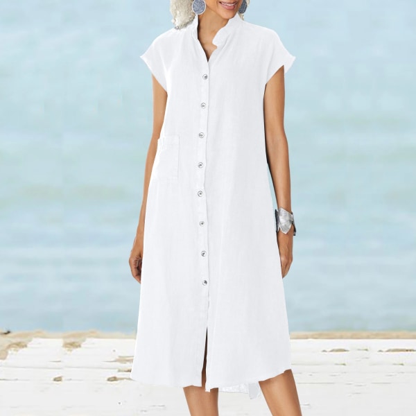 Tatting Cardigan Stand Collar Enkelknäppt bomull och linne Pocket Dress Slip Dress White L