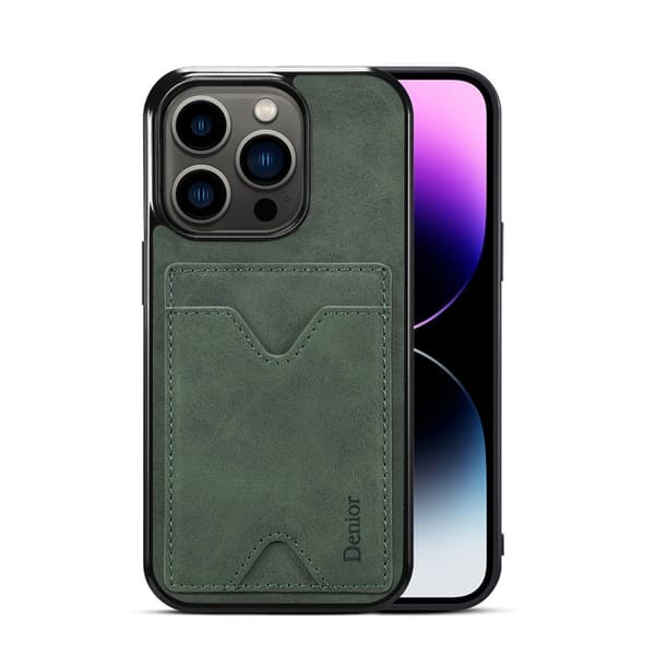 Fodral för iPhone 14 Pro mörkgrön kortplats full kant anti fall läder