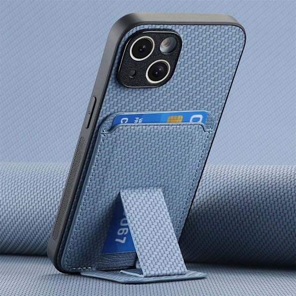 Kotelo iPhone 14 Plus -puhelimelle, sininen, monikulmainen jalusta, hiilikuitukuvio, korttipaikka, hieno reikä