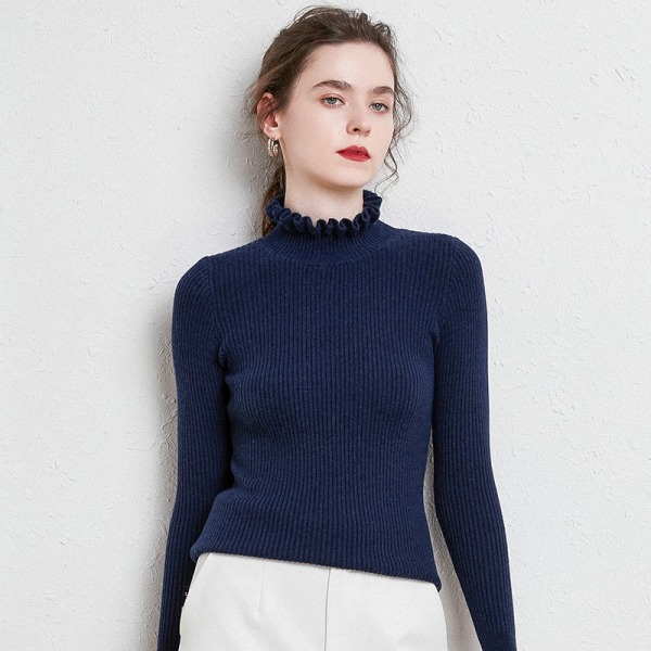 Kvinder strik efterår vinter sweater koreansk stil blomsterkrave stribet bundskjorte matchende Navy blue L