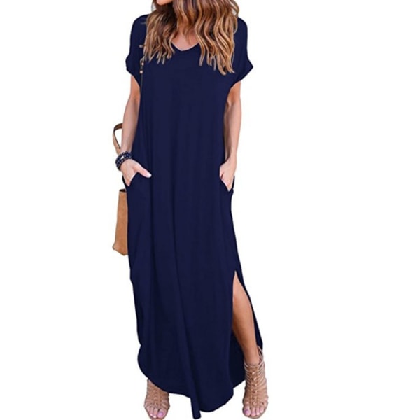 Lang kjole rett skjørt V-hals Pocket Split Dress Deep sky blue 4XL
