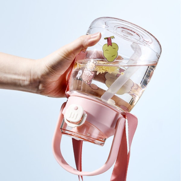 Drikkeflaske for barn Søt for barn Stor kapasitet Big Belly Plast Sports Portable Space Strap Pink 1L