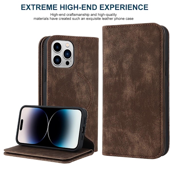 Fodral för iPhone 14 Pro Max stöder trådlös laddning brunt läder multi-kort magnetisk sugpropp