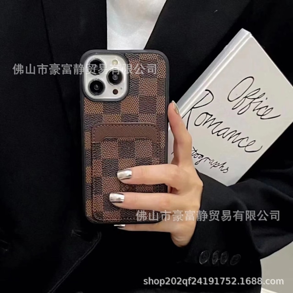 Fodral för iPhone 13promax brunt rutnät läder korthållare high end trendigt märke gammal blomma nät re