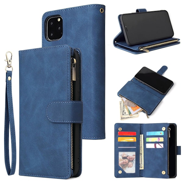 Etui til iPhone 13mini blå glidelås skinn stativ multi kort lommebok