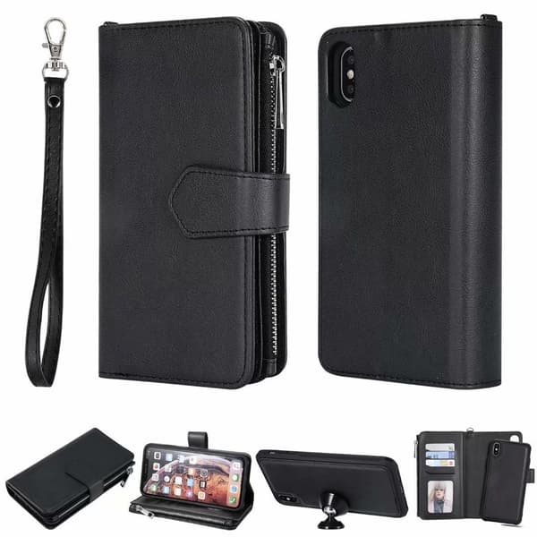 Etui til iPhone 15 sort læder split wallet kortholder 2 i 1 lynlås
