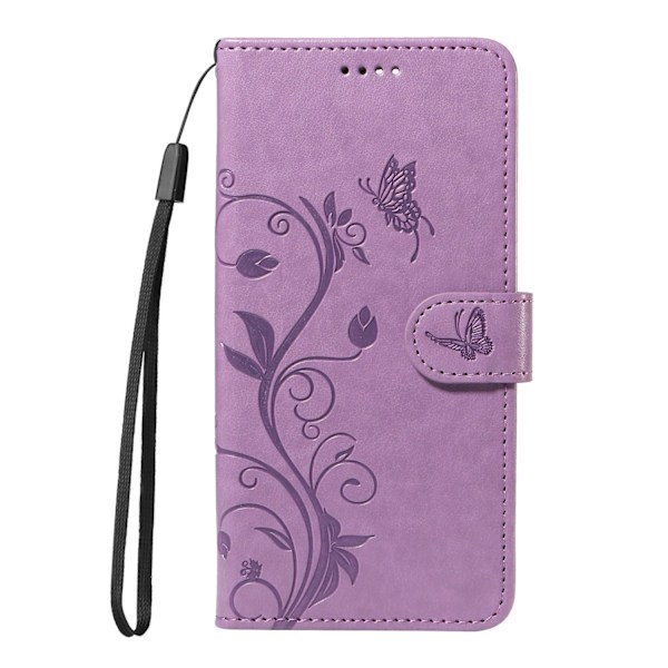 Etui til iPhone 14 Pro lilla sort lanyard præget læder abrikostræ flip kort slot