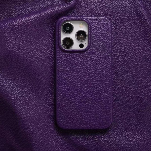 Etui til iPhone15pro lychee mønster mørk lilla læder mønster simpelt solidt hårdt faldsikret