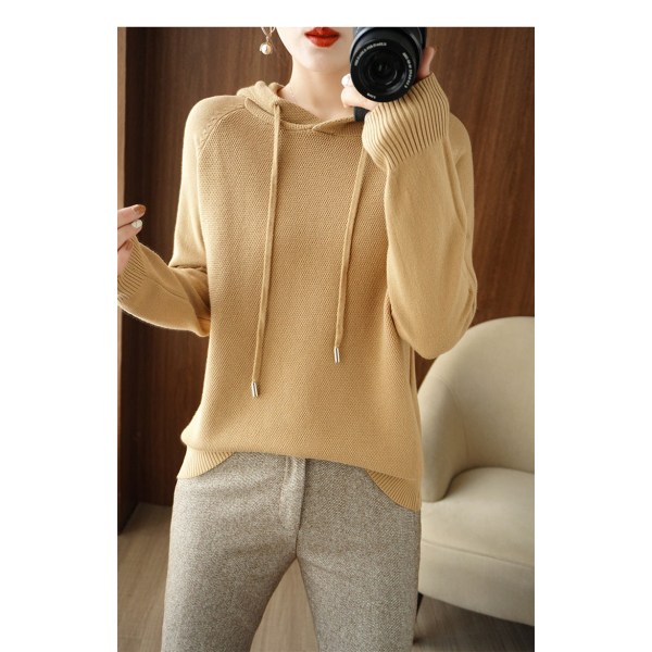 Strik til kvinder efterår vinter sweater hætte koreansk stil ensfarvet hættetrøje hættetrøje cardigan frakke Golden camel XL
