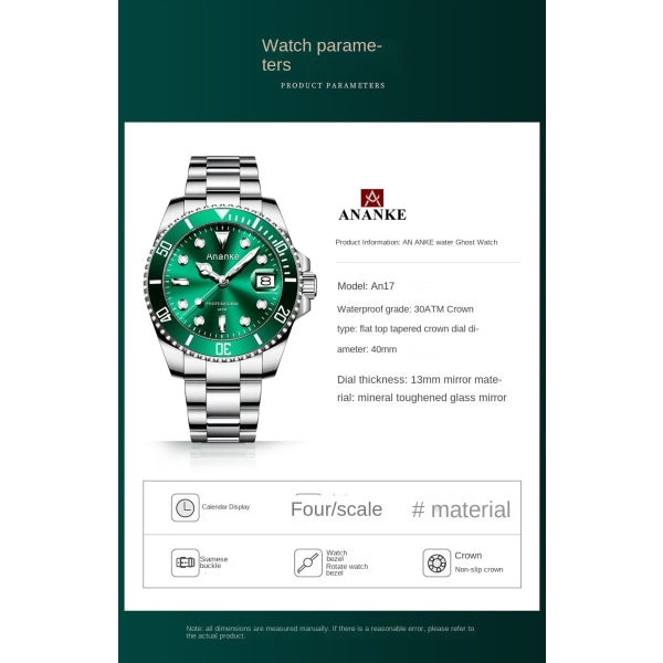 Miesten kellot Lao Green Submariner Watch Valoisa vedenpitävä lahja An1701