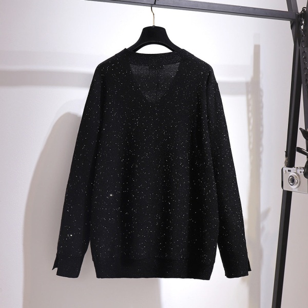 Kvinder Strik Efterår Vinter Sweater plus Størrelse V-hals Mid-Length plus-Sized Black 5XL